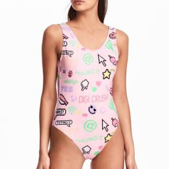 H&M Swimsuit High leg Pink Emoji Digital One Piece Swimsuit 14 - Picture 1 of 8